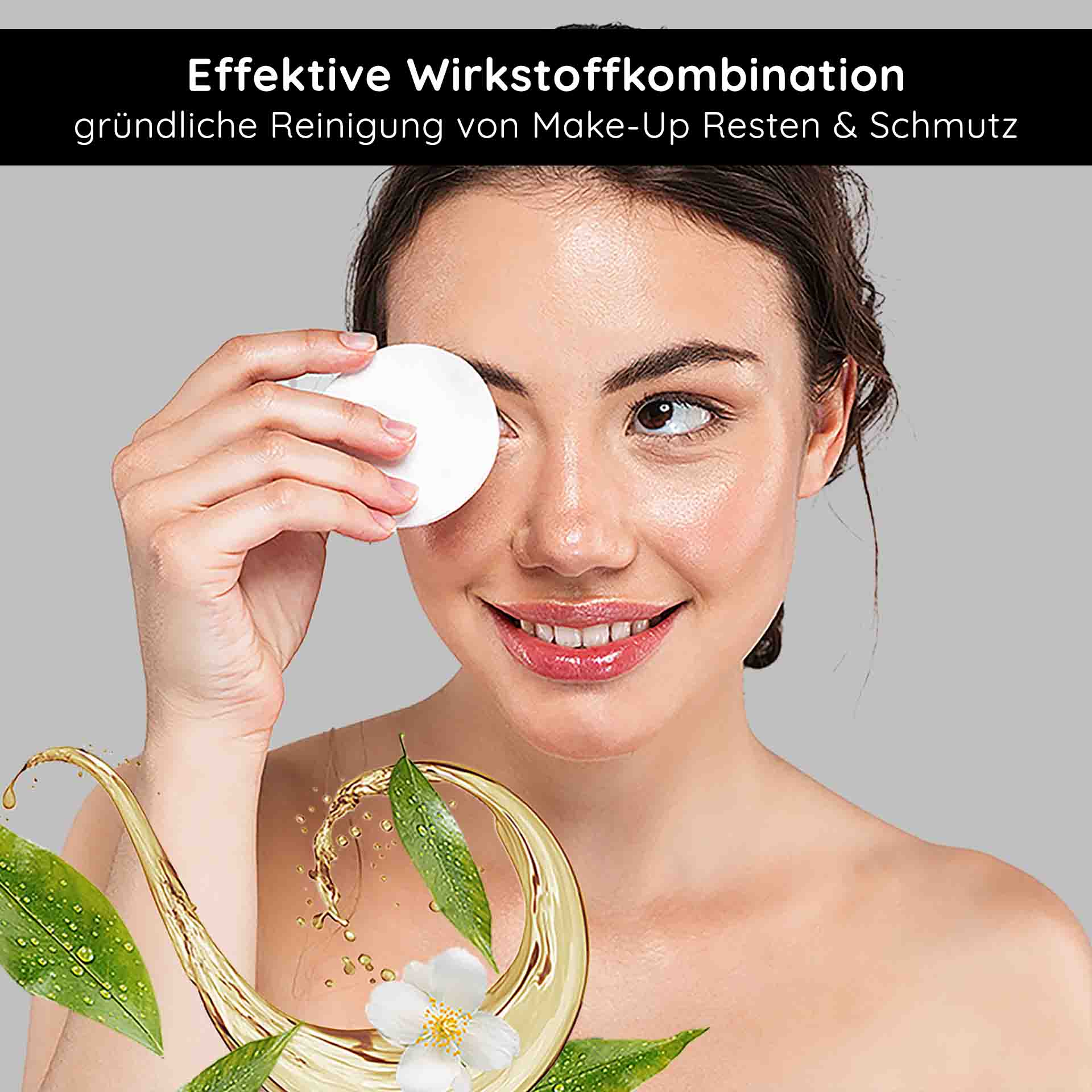AHA 爽肤水 200 毫升 - 具有抗衰老功效的爽肤水 Frau mit Make-Up-Entferner-Pad reinigt sanft ihr Gesicht, um Make-Up-Reste und Schmutz zu entfernen, umgeben von natürlichen Extrakten und Wasser, symbolisiert sanfte Hautpflege und effektive Wirkstoffkombination.