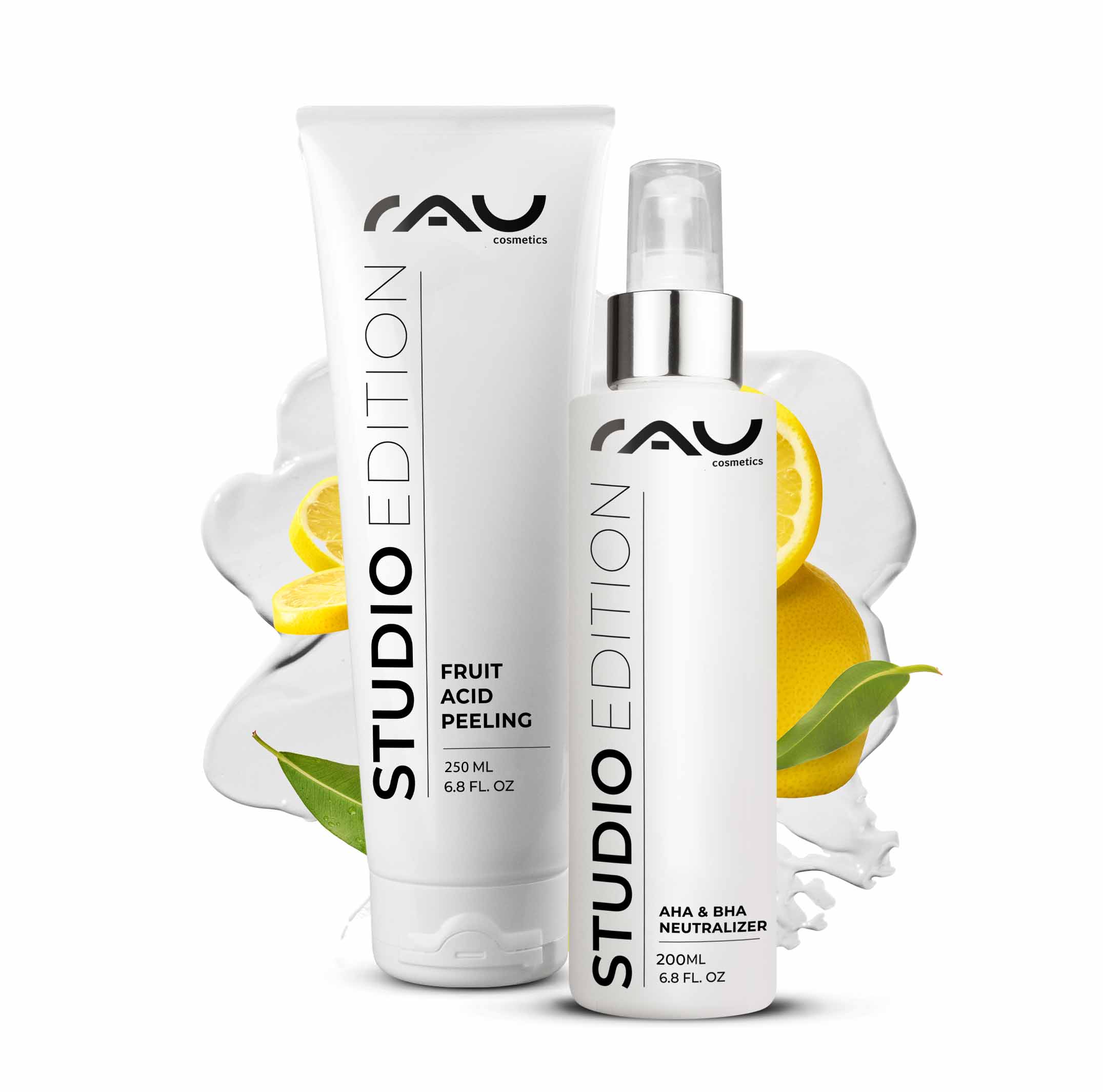 果酸去角质 250 毫升 含 BHA 的果酸去角质产品 Fruchtsäurepeeling Set von RAU Cosmetics, 250 ml und 200 ml AHA & BHA Neutralisierer, mit Zitrusfrüchten und grünen Blättern, Studio Edition.